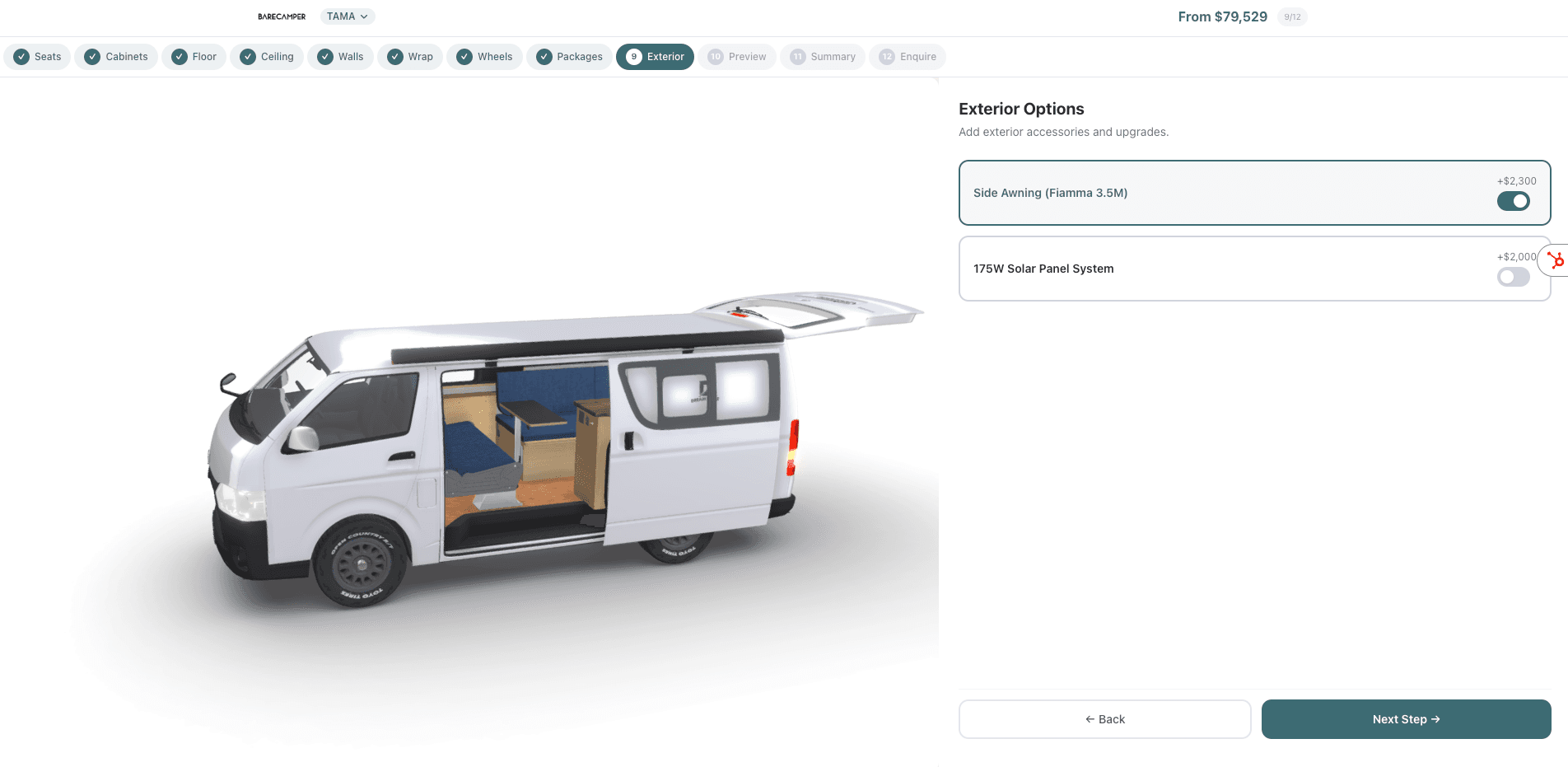 3D campervan configurator showing TAMA with pop top open, side awning, and full build visible